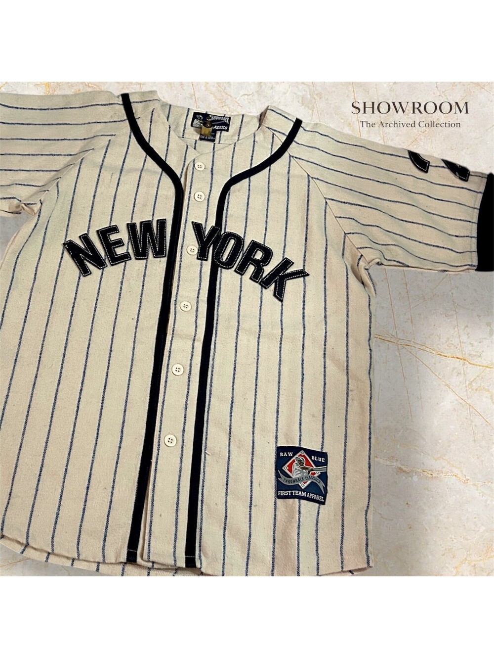 Raw Blue New York Baseball Jersey Mens L Y2K Rare Pinstripe #2